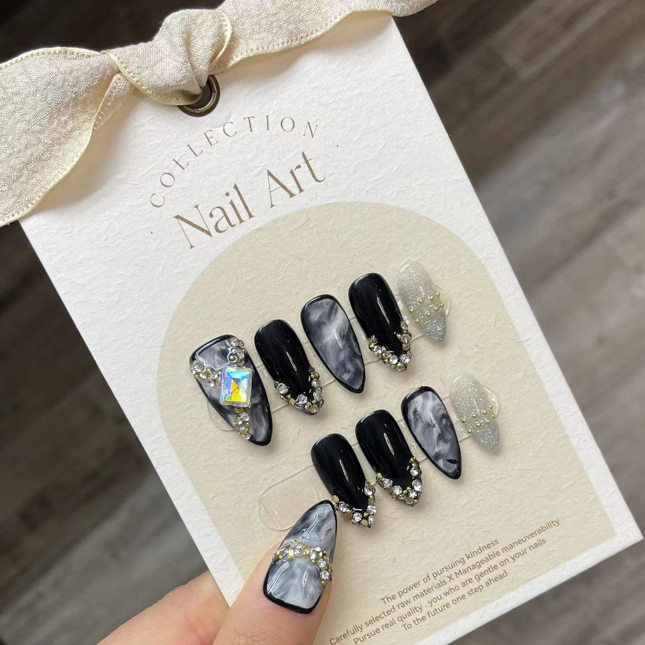 Resin Art Glitter - Handmade Press on Nails Black Cool