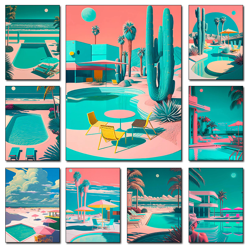 Resin Art On Wall - Retro Futuristic Beachside Palm Trees Desert