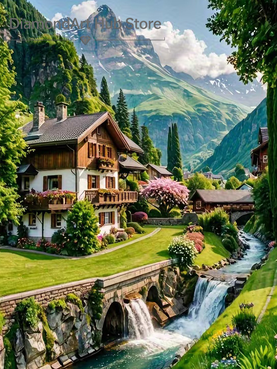 Resin Art Wall Decor - Alpine Mountain Village Waterfall Landscape Diy